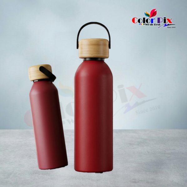Premium Red Coated Stainless Steel Bottle with Wooden Cap – 500ml | Custom Name & Logo Marking
