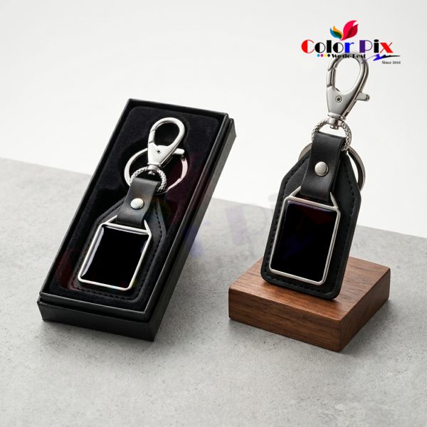 Premium Black Leather & Metal Glass Key Tag | Custom Laser Marking